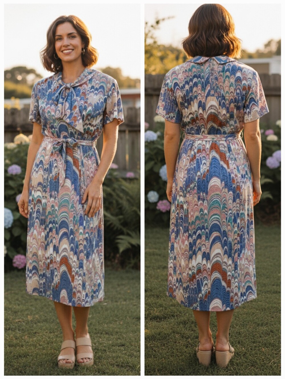 Jillian Frocks M Retro 70s Boho Cottagecore Garden Party Satin Midi Dress